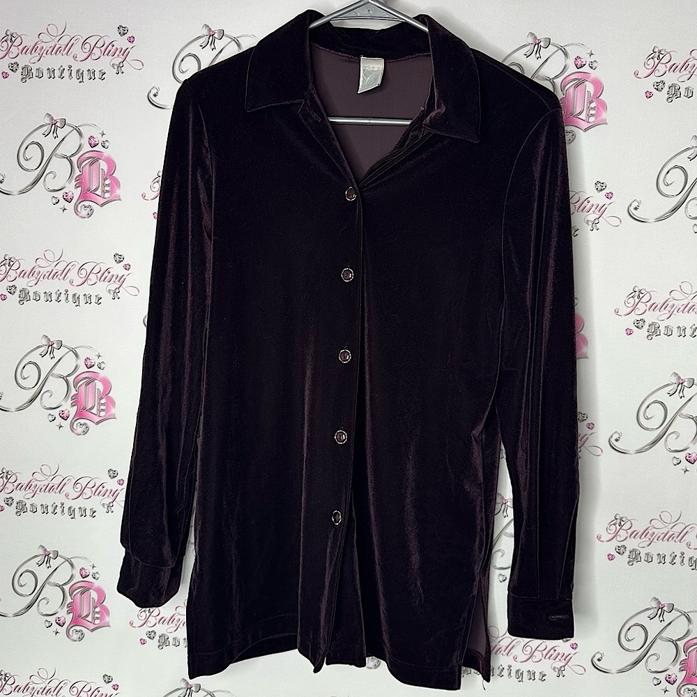 Cleo petites button up long sleeve Elegant Black Velvet velour Women's Top